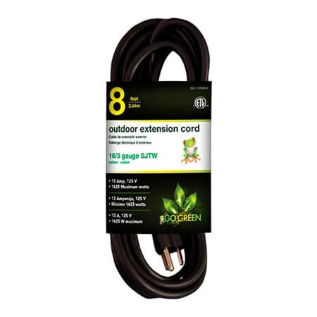 Gogreen SJTW Extension Cord, 16 AWG, Outdoor, 16/3, 1 Outlets, Black, 8 ft GG-13708BK